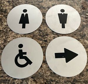 New Four 4” Metal Adhesive Signs Men’s &amp; Women’s Restrooms, Handicap, Arrow