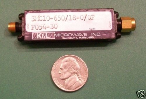 K&amp;L RF microwave bandpass filter, 650 MHz CF, 18 MHz BW, power 2 Watt CW, data