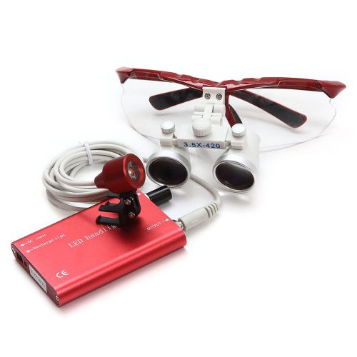 RED Dental Surgical Medical Binocular Loupes 3.5X 420mm + Head Light Lamp