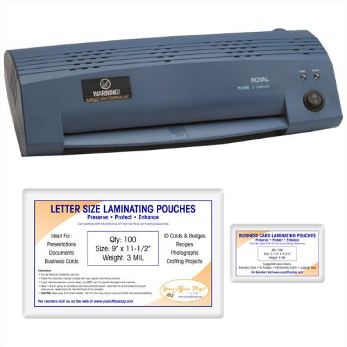 Royal pl-2100 hot 9&#034; laminating machine bundle with 200 laminator pouches for sale