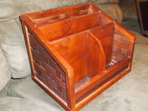 DARK WOOD WOODEN BASKET WEAVE DESK ORGANIZER SORTER CADDY BOX