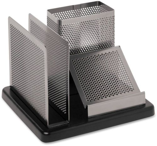 Punched Metal Wood Desk Organizer Black Gunmetal Multiple Features E23552