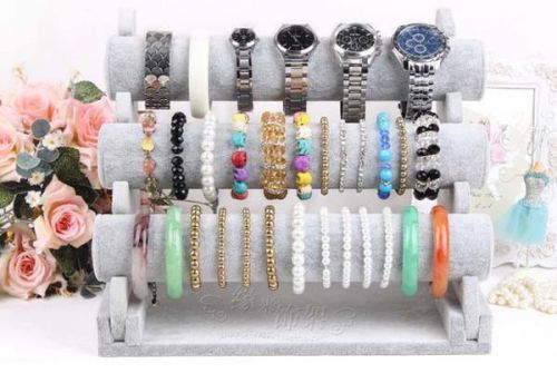 Grey Velvet Bracelet Watch Bangle Display 3-Tier Rack Holder - Countertop RA2*