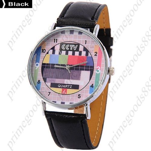 PU Leather Band Rhinestones Round Silver Quartz Analog Wrist Wristwatch Black