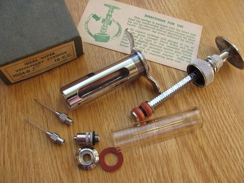 Vtg Stainless Steel IDEAL SUPER Veterinary Syringe &amp; 2 Needles ID54-B Chicago IL