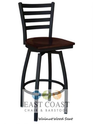 New Gladiator Commercial Ladder Back Metal Swivel Bar Stool w/ Walnut Wood Seat