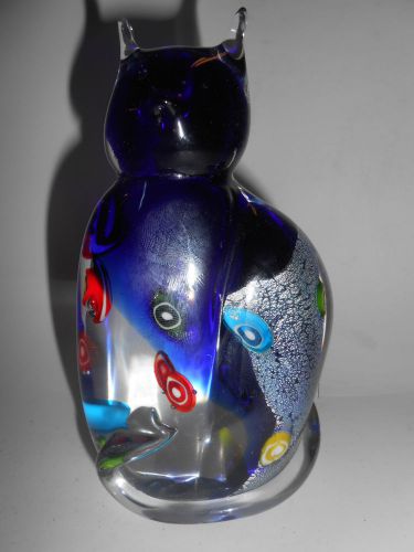 Cobalt blue red glass Cat Kitten paperweight kitty figurine dark sitting yellow