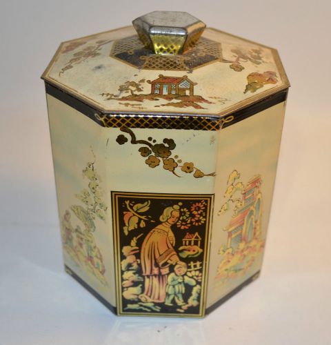 Peek, frean &amp; co. oriental octagon biscuit tin box jar octagon silver handle for sale