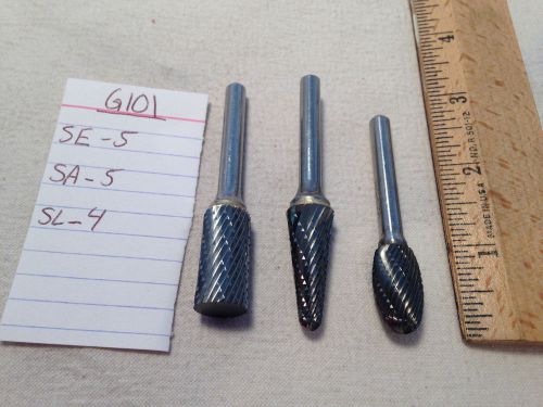 3 NEW 1/4&#034; (.250) SHANK CARBIDE BURRS. DB CUT, SL-4, SE-5, SA-5 USA MADE {G101}