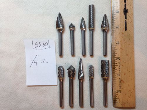 10 NEW 1/4&#034; (.250) SHANK CARBIDE BURRS. DOUBLE &amp; SINGLE CUT. USA MADE {G560}