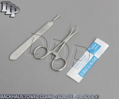 BACKHAUS TOWEL CLAMP 3.5&#034;+SCALPEL HANDLE #3+5 SURGICAL BLADES #12