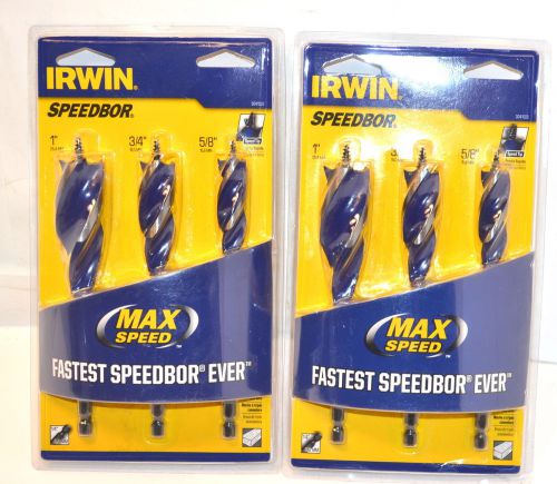 2 NEW IRWIN 3pc SETS SPEEDBOR MAX SPEED TRI FLUTE DRILL BITS 5/8&#034; 3/4&#034; 1&#034; WL1453