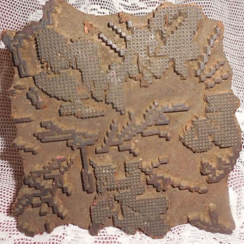 VTG WOOD CARVED TEXTILE PRINTING FABRIC BLOCK STAMP FOLK ART STAMPER ANTIQUE OLD