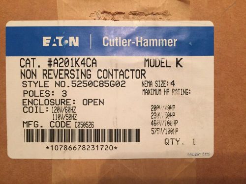 EATON CUTLER HAMMER NON REVERSING CONTACTOR A201K4CA - NEW