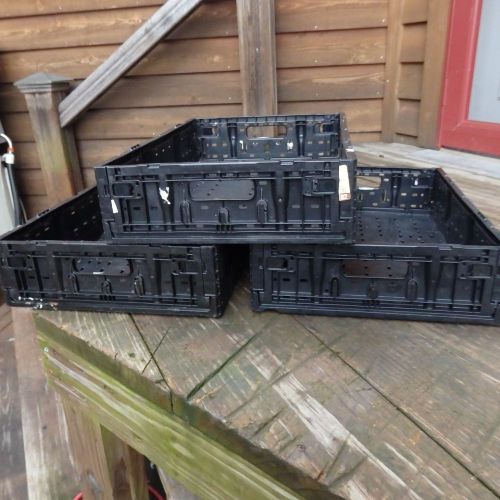 3 PLASTIC BLACK STACKING CRATES LUGS BINS BASKETS FOLDING COLLAPSIBLE 6411 5&#034;