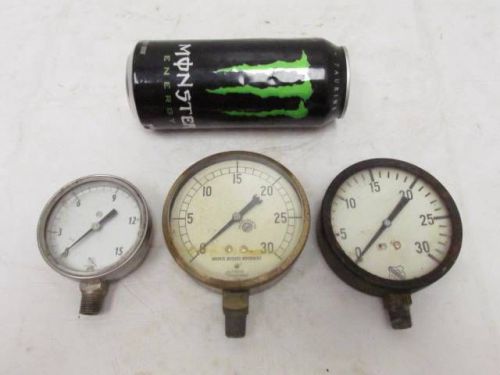 Lot Of 3 Brass &amp; Steel Ashcroft &amp; Marsh 15 &amp; 30 PSI Gauge 3-3/4&#034; Dia 1/4&#034; NPT