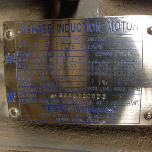 7.5 Hp, 3470 RPM, 213JM, TEFC, Westinghouse