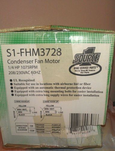 Source 1 Condensor Fan Motor S1-FHM3728 1/4hp 1075 rpm New