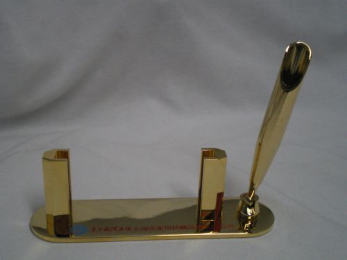 BUSINESS CARD HOLDER &amp; PEN HOLDER DESK ACCESSORY IN GOLD TONE W/ASIAN LETTERING