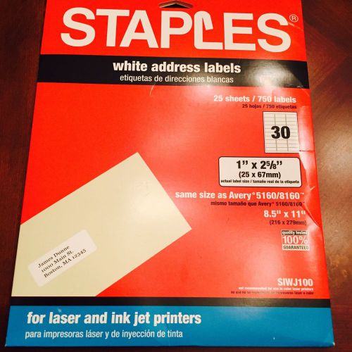 Staples White Address Labels Avery 5160 8160 30 per sheet 1&#034; x 2 5/8&#034; SIWT100