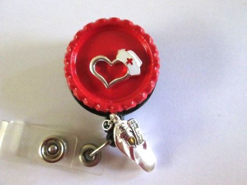 ID BADGE RETRACTABLE REEL SILVER HEART NURSE SHOE, MEDICAL,HOSPITAL,ER ,TEACHER