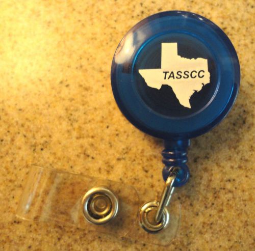 Blue &amp; white tasscc logo badge clip/reel id holder retractor pull string yoyo for sale