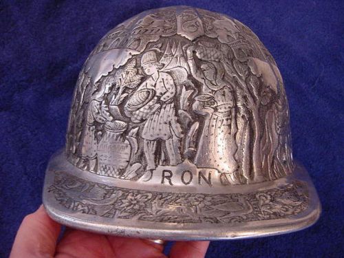 ALUMINUM HARD HAT ARTISTICALLY HAND ENGRAVED &amp; CHASED - ANIMALS PEOPLE BUILDINGS