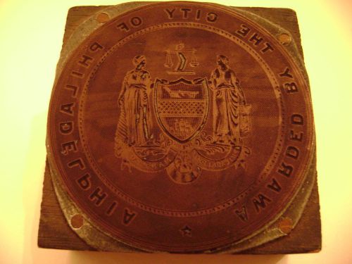Early Phila. Seal &#034;AWARDED BY THE CITY OF PHILADELPHIA&#034; Print Block Stamp Notary