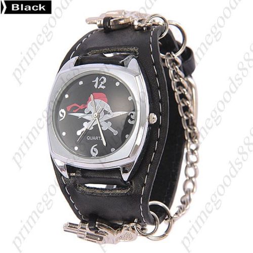 Wide charm bandana skull chain quartz analog pu leather wrist wristwatch black for sale