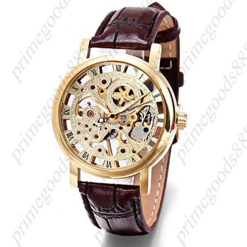 Gold golden analog see through skeleton mechanical pu leather wristwatch brown for sale