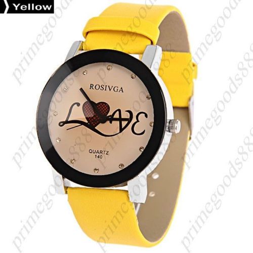 Love rhinestones pu leather lady ladies analog quartz wristwatch women&#039;s yellow for sale