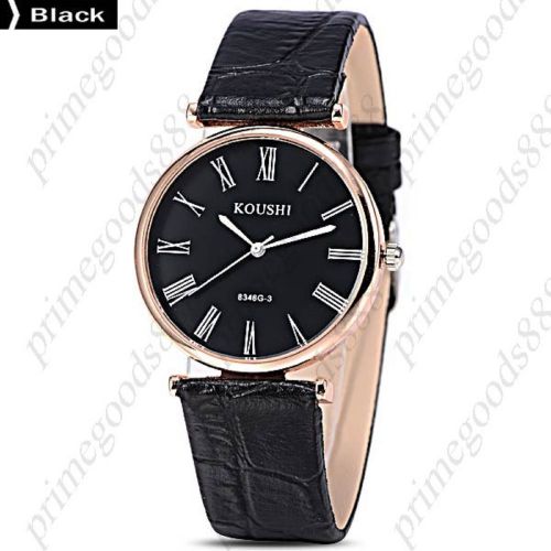 PU Leather Roman Numerals Quartz Analog Men&#039;s Wristwatch Rose Golden Black Face