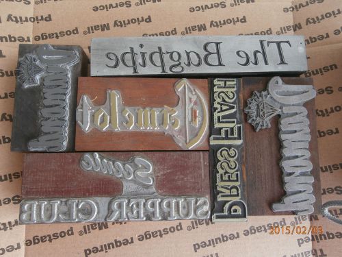 LOT OF 6 METAL ON WOOD HEADINGS LETTERPRESS PRINTING BLOCKS VINTAGE