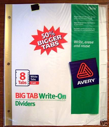 AVERY BIG TAB WRITE ON DIVIDERS-REUSABLE BRAND NEW 8 CT