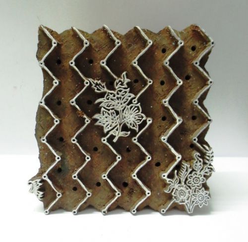 VINTAGE WOODEN HAND CARVED TEXTILE PRINT FABRIC BLOCK STAMP ZIG ZAG N FLORAL