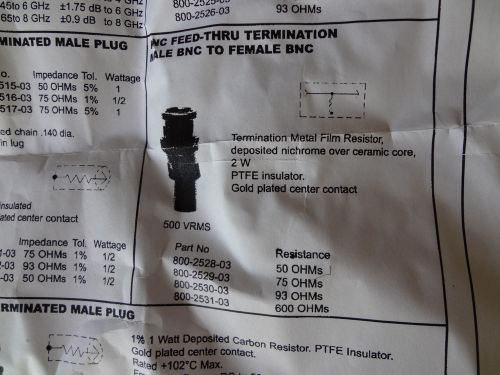 TWO BNC FEED-THRU 50 OHM TERMINATION. CONCORD # 800-2528-03-25 BNC(M) to BNC(F)