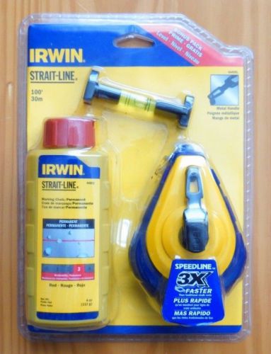 New IRWIN STRAIT-LINE 64494LP Chalk Line Reel w/Chalk,100&#039; / 30m 4 oz + Level