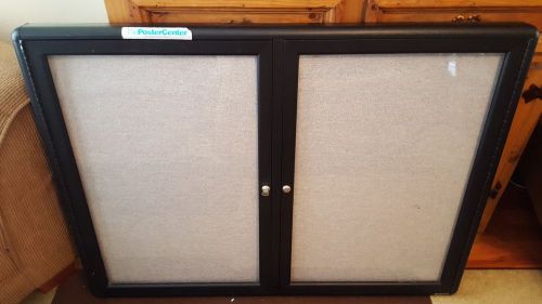 Enclosed 2 Door Bulletin Board Used Black Aluminum w Lock &amp; Key Plexiglas 35x46