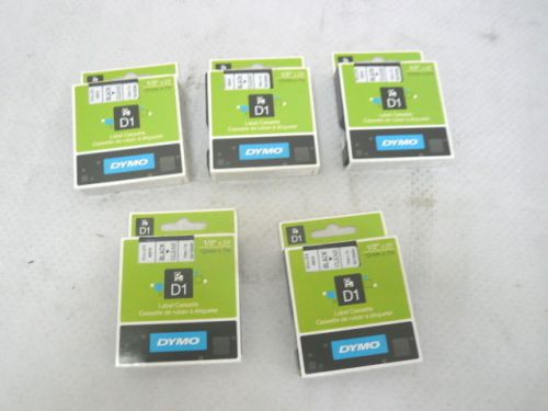 5-PACK GENUINE DYMO D1 45010 BLACK/CLEAR TAPE LABEL CASSETTES 1/2&#034; X 23&#034;