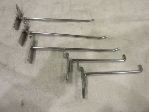 Slatwall Hooks (3)8.5&#034; &amp; (2)5.5&#034;-inch Chrome Store Display Garage Mixed Lot of 5