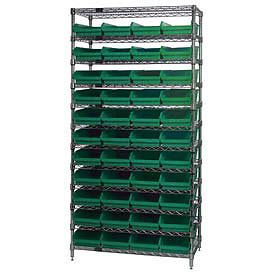 Wire Shelving With (44) 4&#034;H Plastic Shelf Bins Green, 36x24x74