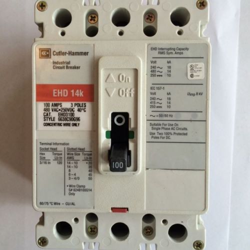 Cutler Hammer EHD 14k 3 pole 100 amp 480v EHD3100 Circuit Breaker