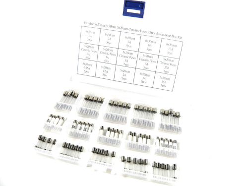 15 value 5x20mm 6x30mm 5x20mm Ceramic Fuse 75pcs Box Kit Fuse 1A 2A 6A 15A 3