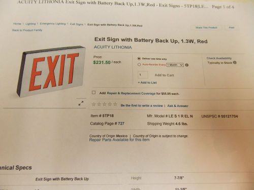 Nib lithonia lighting led exit sign with battery back up les 1r 120/277 el n for sale