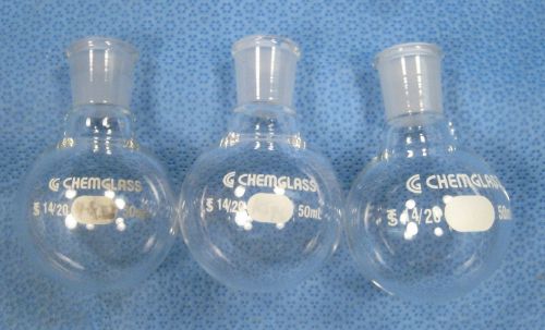 CHEMGLASS  50 ML  ROUND  BOTTOM  FLASKS  ALL  14/20    X3         F