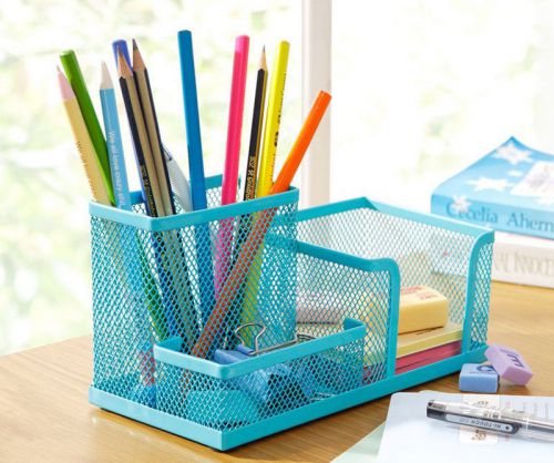 Blue Metal Mesh Desk Organizer Desktop Pen Holder For Home Office Dorm