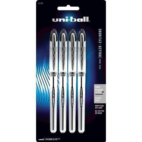 uni-ball Vision Elite Stick Roller Ball Pens, Bold Point, Black Ink, Pack of 4