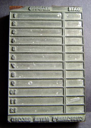 Date reading - customer meter record - newsprint typeset printers block for sale