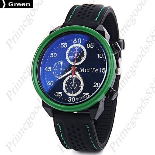 Rubber Band Black Face Sub Dials Quartz Men&#039;s Wristwatch Free Shipping Green