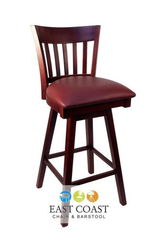 New Gladiator Mahogany Vertical Back Wooden Swivel Bar Stool w/ Wine Vinyl Seat